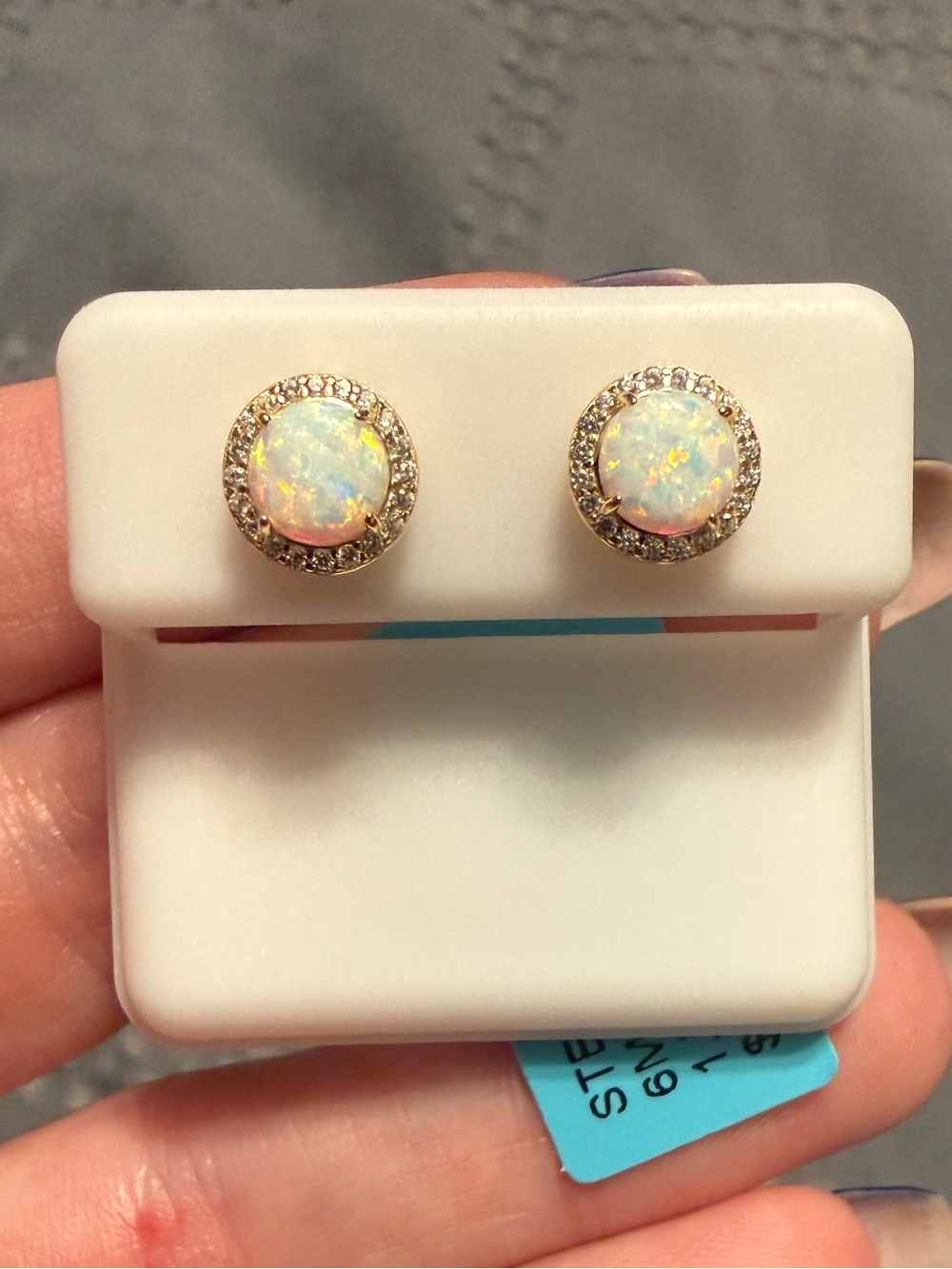 Gold Opal Halo Stud Earrings - White Opalescent